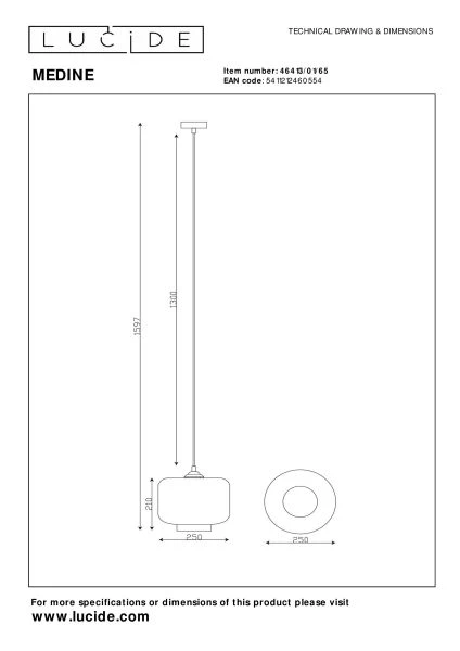 Lucide MEDINE - Pendant light - Ø 25 cm - 1xE27 - Smoke Grey - technical